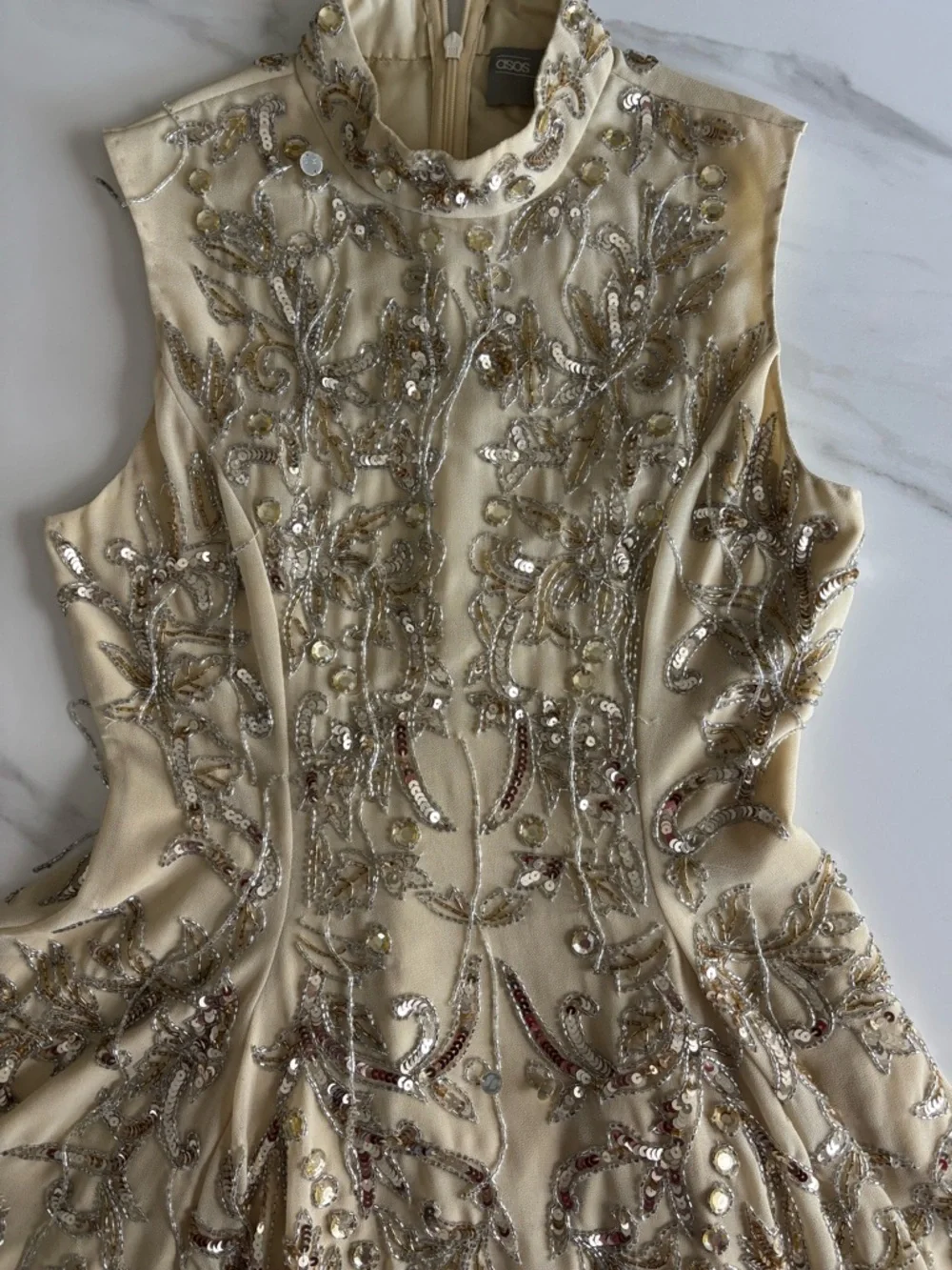 ASOS Cream Mini Dress with Gold Sequin Bead Embroidery Sz 4 - Picture 5 of 14